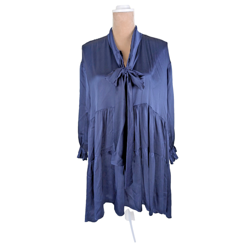 Monica Nera Silk Babydoll Swing Mini Dress XS Navy Blue Alexis Retro Neck Bow